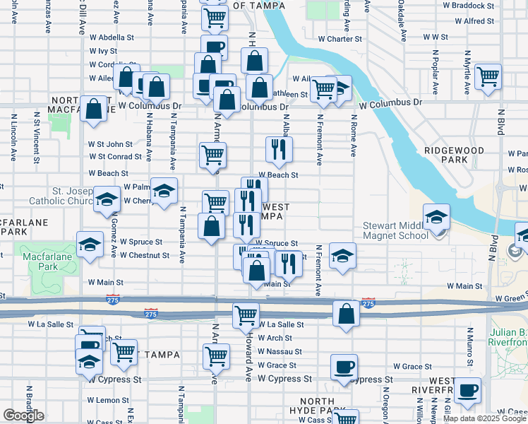 map of restaurants, bars, coffee shops, grocery stores, and more near 2132 West Cherry Street in Tampa
