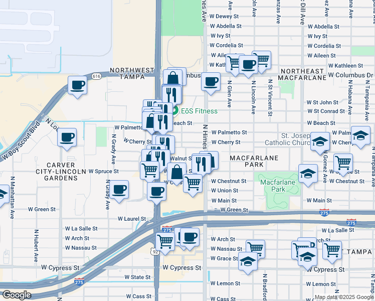 map of restaurants, bars, coffee shops, grocery stores, and more near 3628 West Cherry Street in Tampa