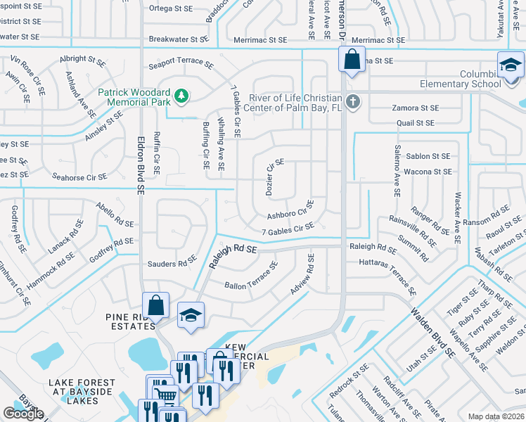 map of restaurants, bars, coffee shops, grocery stores, and more near 1551 Dozier Circle Southeast in Palm Bay