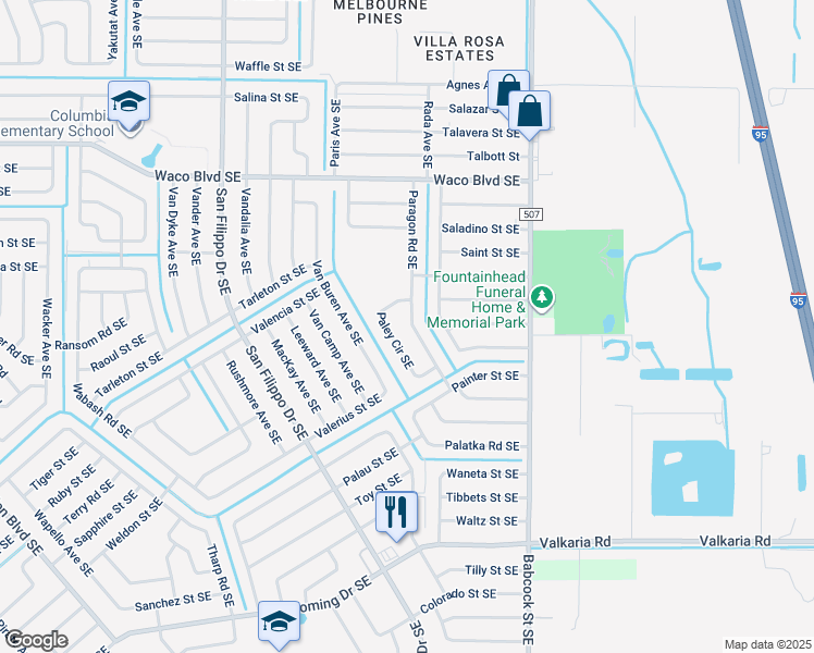 map of restaurants, bars, coffee shops, grocery stores, and more near 1466 Paragon Road Southeast in Palm Bay