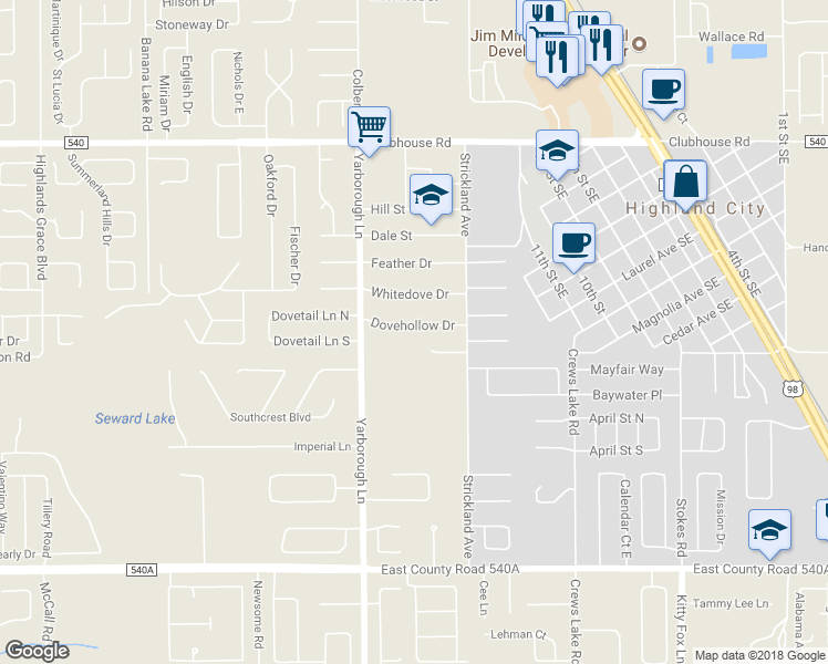 map of restaurants, bars, coffee shops, grocery stores, and more near 3801 Dovehollow Drive in Lakeland