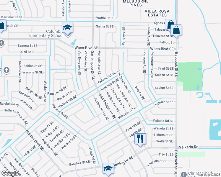 map of restaurants, bars, coffee shops, grocery stores, and more near 1414 Leeward Avenue Southeast in Palm Bay