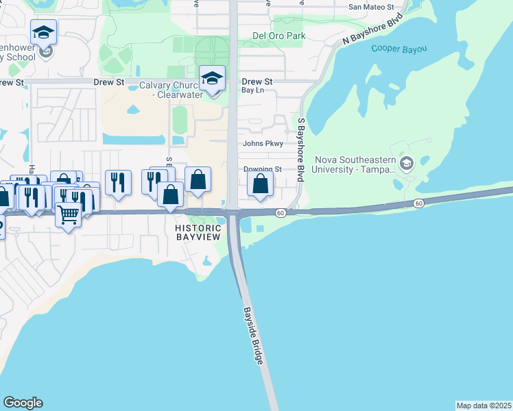map of restaurants, bars, coffee shops, grocery stores, and more near 3130 Gulf to Bay Boulevard in Clearwater