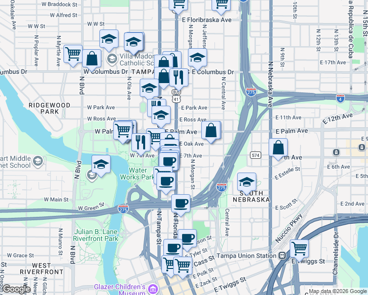 map of restaurants, bars, coffee shops, grocery stores, and more near 1809 North Florida Avenue in Tampa