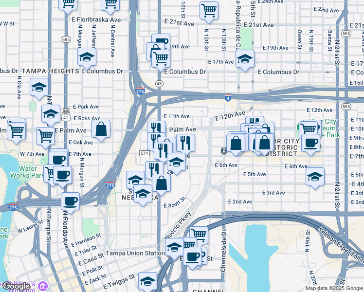 map of restaurants, bars, coffee shops, grocery stores, and more near 1001 East Palm Avenue in Tampa