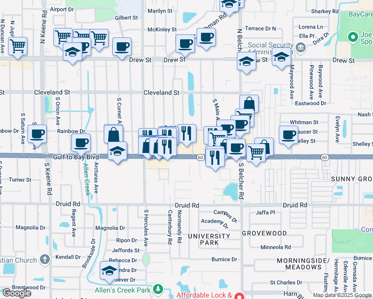map of restaurants, bars, coffee shops, grocery stores, and more near 2081 Cornell Street in Clearwater