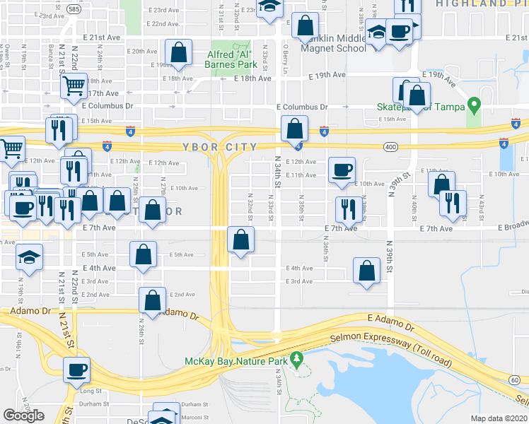 map of restaurants, bars, coffee shops, grocery stores, and more near 3205 East 9th Avenue in Tampa