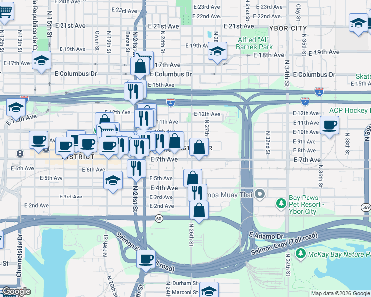 map of restaurants, bars, coffee shops, grocery stores, and more near 1905 North 25th Street in Tampa