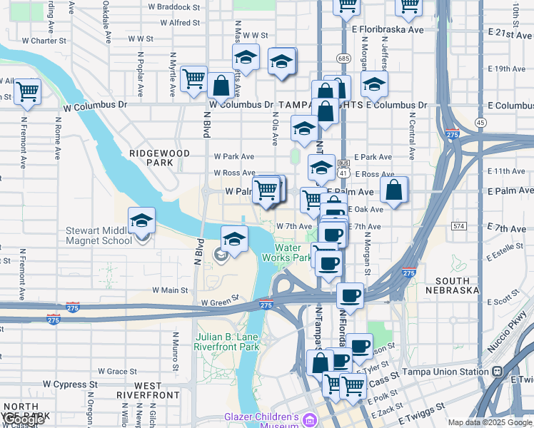 map of restaurants, bars, coffee shops, grocery stores, and more near 1910 North Ola Avenue in Tampa
