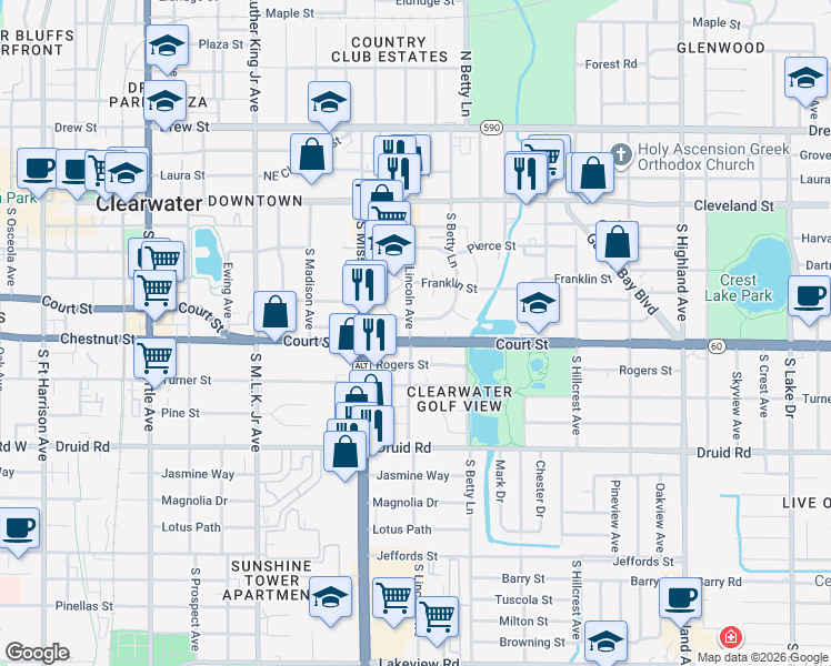 map of restaurants, bars, coffee shops, grocery stores, and more near 1263 Santa Rosa Street in Clearwater