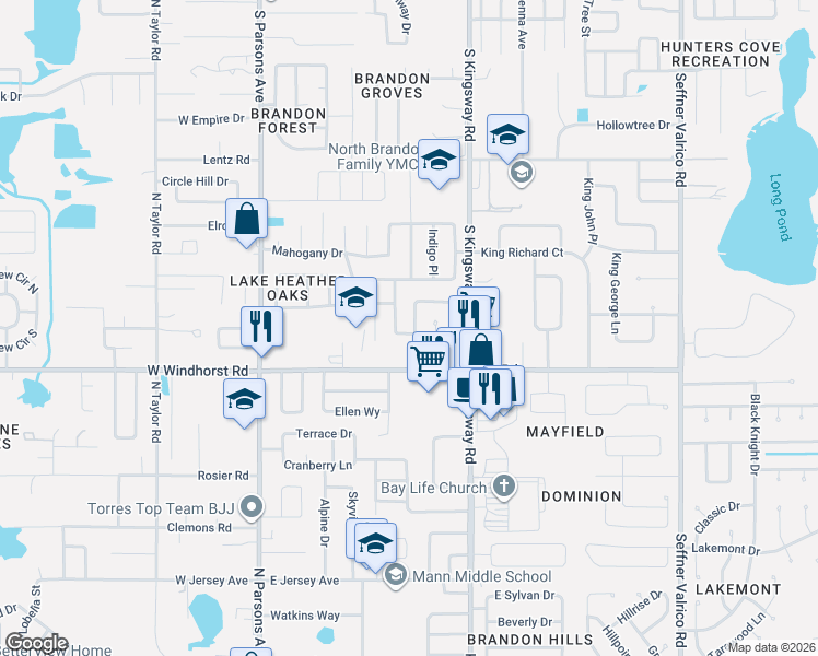 map of restaurants, bars, coffee shops, grocery stores, and more near 502 Avocado Circle in Brandon