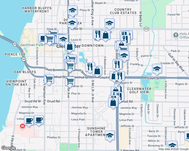 map of restaurants, bars, coffee shops, grocery stores, and more near 1114 Brownell Street in Clearwater