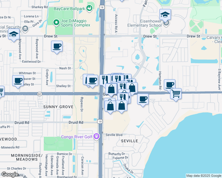 map of restaurants, bars, coffee shops, grocery stores, and more near 2630 Gulf to Bay Boulevard in Clearwater