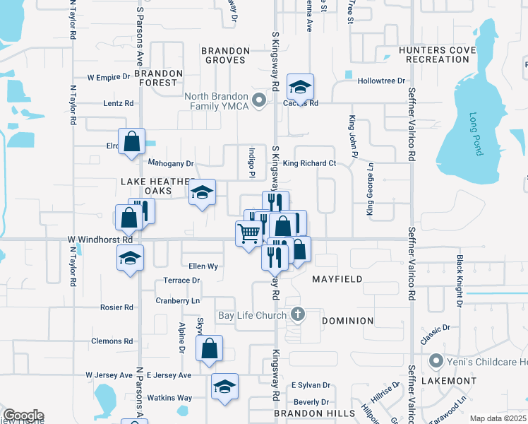 map of restaurants, bars, coffee shops, grocery stores, and more near 536 Avocado Circle in Brandon