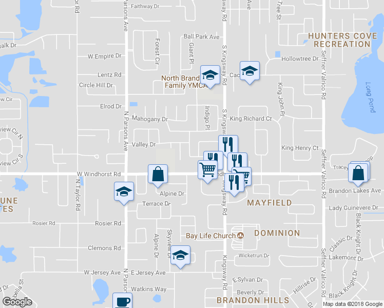 map of restaurants, bars, coffee shops, grocery stores, and more near 1301 Vinemont Drive in Brandon