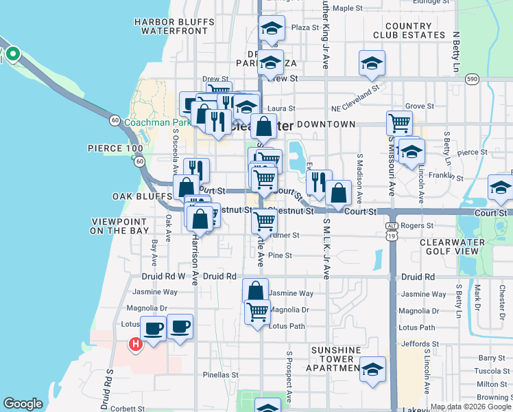 map of restaurants, bars, coffee shops, grocery stores, and more near 411 South Myrtle Avenue in Clearwater