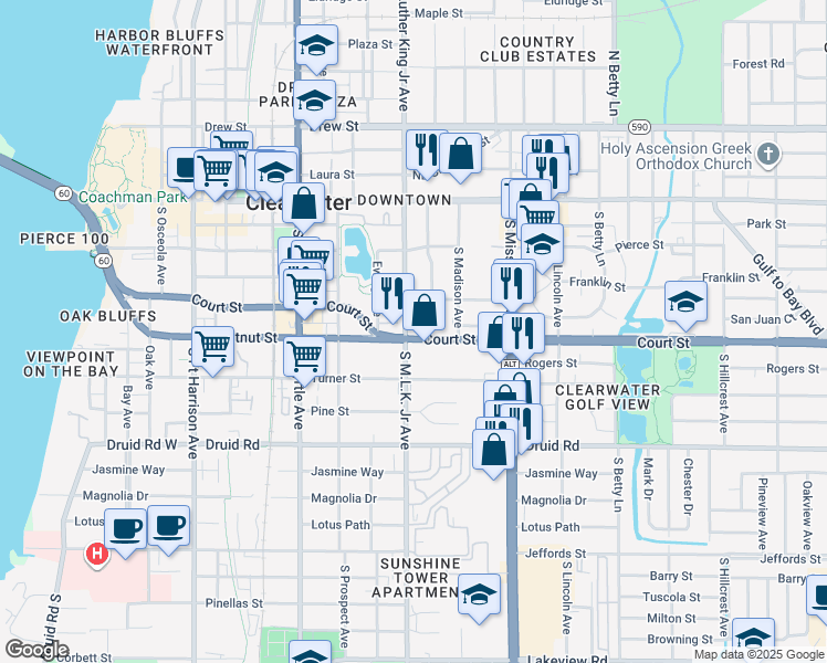 map of restaurants, bars, coffee shops, grocery stores, and more near 1114 Brownell Street in Clearwater
