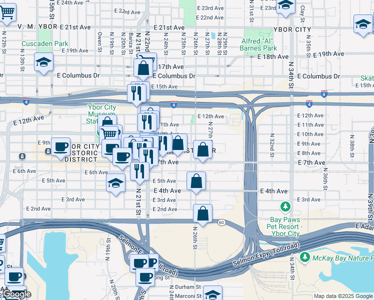 map of restaurants, bars, coffee shops, grocery stores, and more near 2412 East 8th Avenue in Tampa