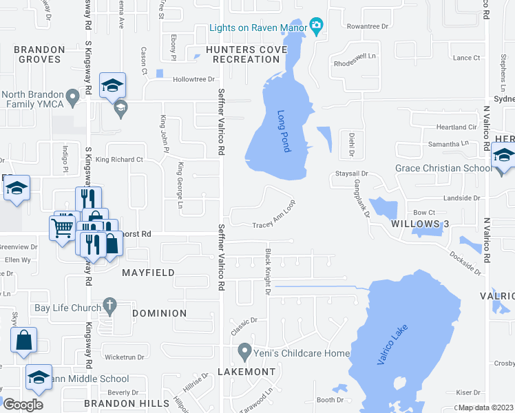 map of restaurants, bars, coffee shops, grocery stores, and more near Tracey Anne Loop in Seffner