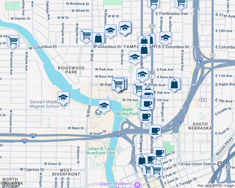 map of restaurants, bars, coffee shops, grocery stores, and more near 1905 Market Street in Tampa
