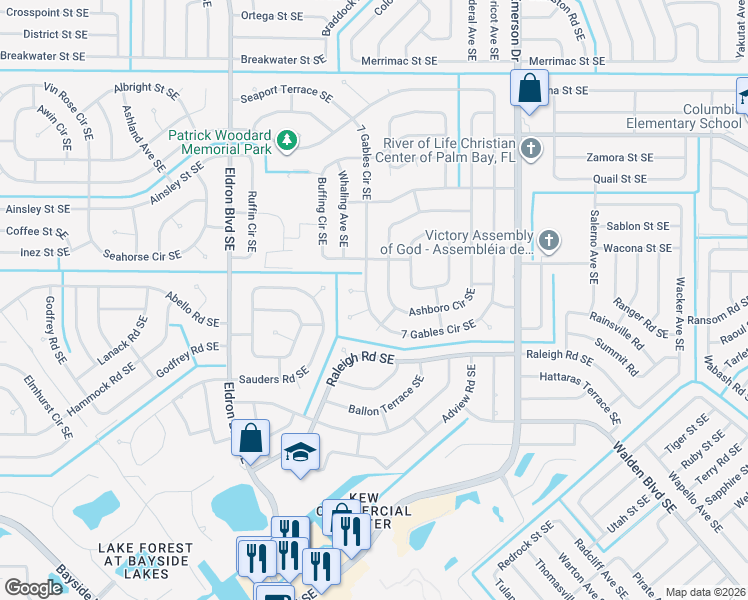 map of restaurants, bars, coffee shops, grocery stores, and more near 697 7 Gables Circle Southeast in Palm Bay