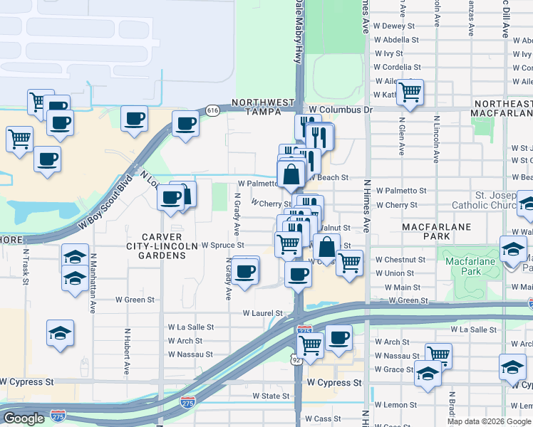 map of restaurants, bars, coffee shops, grocery stores, and more near 3910 West Cherry Street in Tampa