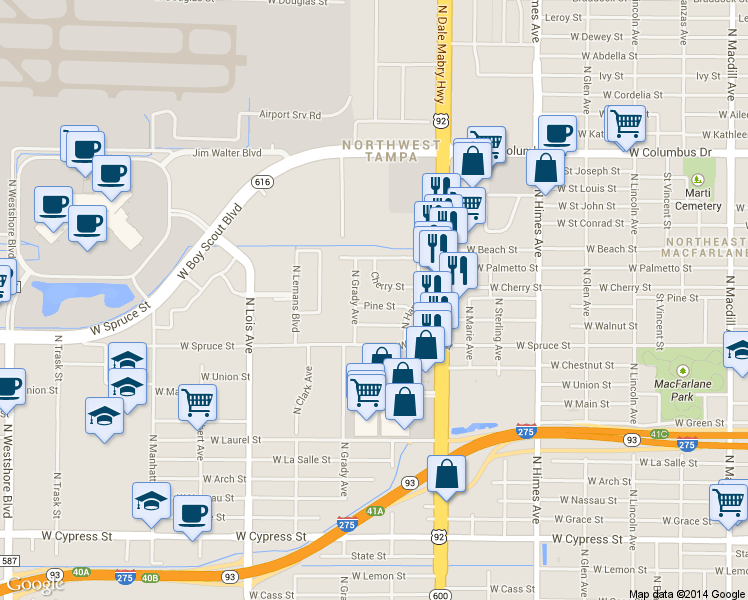 map of restaurants, bars, coffee shops, grocery stores, and more near 3917 West Pine Street in Tampa