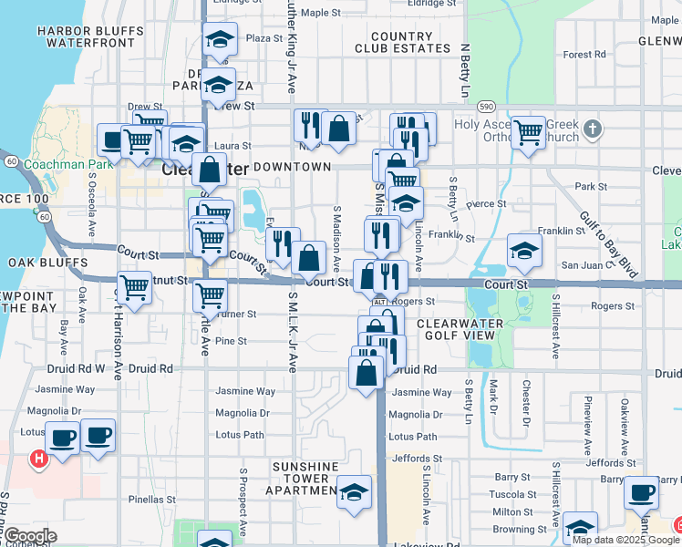 map of restaurants, bars, coffee shops, grocery stores, and more near 422 South Madison Avenue in Clearwater