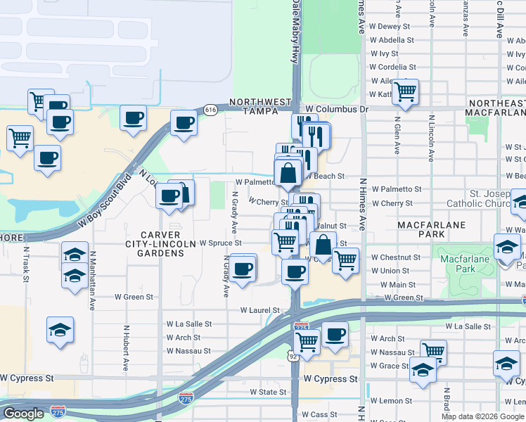 map of restaurants, bars, coffee shops, grocery stores, and more near 3910 West Cherry Street in Tampa