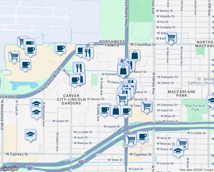 map of restaurants, bars, coffee shops, grocery stores, and more near 3917 West Pine Street in Tampa