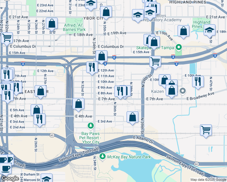 map of restaurants, bars, coffee shops, grocery stores, and more near 1904 North 36th Street in Tampa