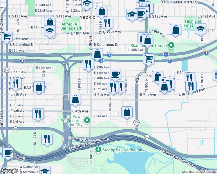 map of restaurants, bars, coffee shops, grocery stores, and more near 1904 North 36th Street in Tampa