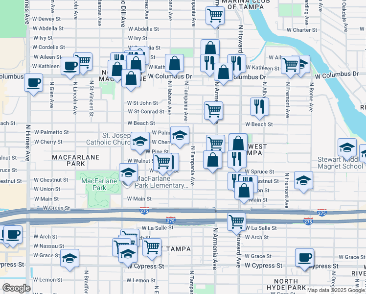 map of restaurants, bars, coffee shops, grocery stores, and more near 2700 West Cherry Street in Tampa
