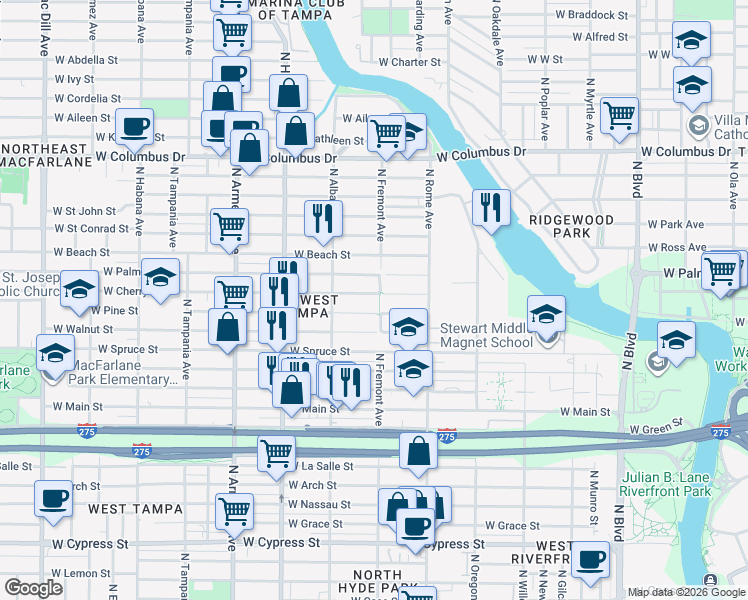 map of restaurants, bars, coffee shops, grocery stores, and more near 1906 West Cherry Street in Tampa