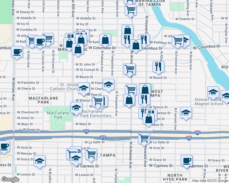 map of restaurants, bars, coffee shops, grocery stores, and more near 2700 West Cherry Street in Tampa