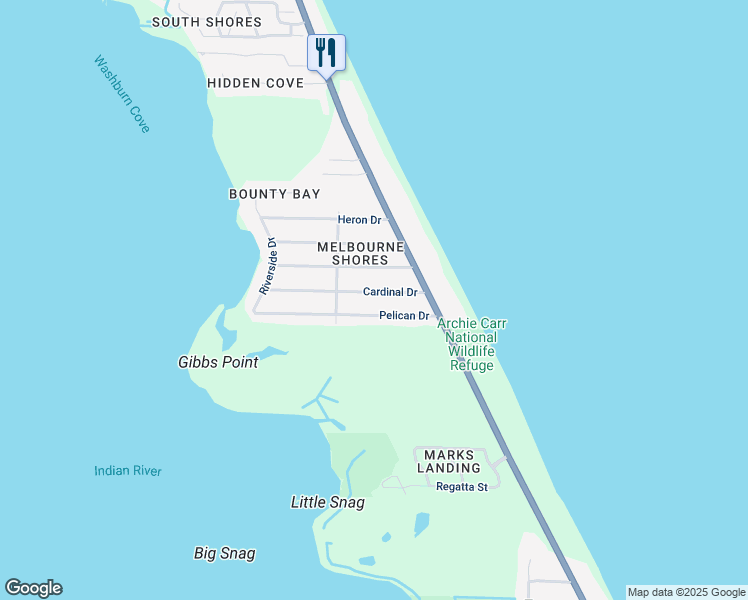 map of restaurants, bars, coffee shops, grocery stores, and more near 125 Cardinal Drive in Melbourne Beach