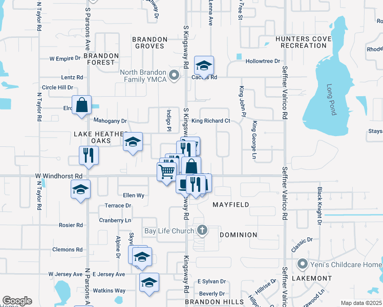 map of restaurants, bars, coffee shops, grocery stores, and more near 1329 Eagleview Drive in Brandon