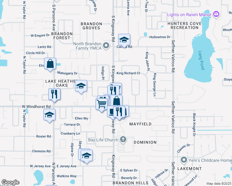 map of restaurants, bars, coffee shops, grocery stores, and more near 536 Avocado Circle in Brandon