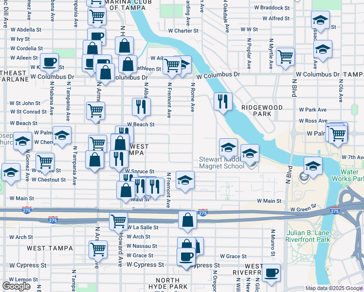 map of restaurants, bars, coffee shops, grocery stores, and more near 1717 West Cherry Street in Tampa
