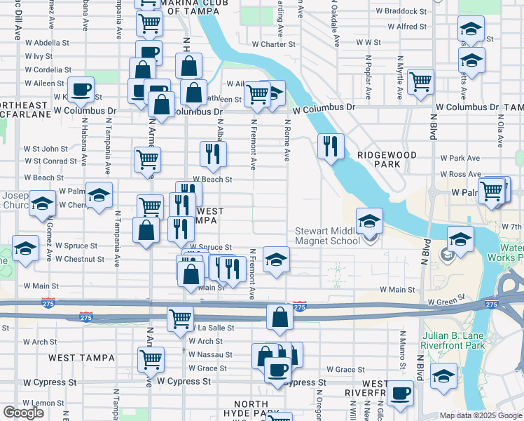 map of restaurants, bars, coffee shops, grocery stores, and more near 1717 West Cherry Street in Tampa