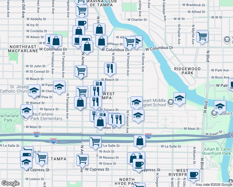 map of restaurants, bars, coffee shops, grocery stores, and more near 2209 North Albany Avenue in Tampa