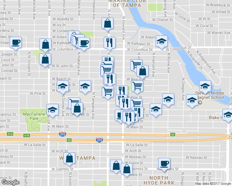 map of restaurants, bars, coffee shops, grocery stores, and more near 2314 West Cherry Street in Tampa