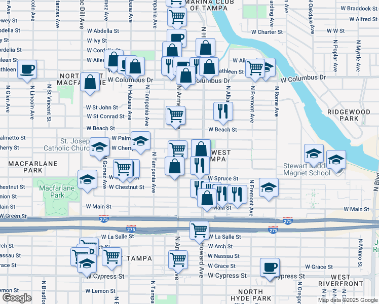 map of restaurants, bars, coffee shops, grocery stores, and more near 2314 West Cherry Street in Tampa