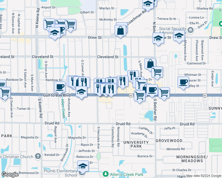 map of restaurants, bars, coffee shops, grocery stores, and more near 320 South Mercury Avenue in Clearwater
