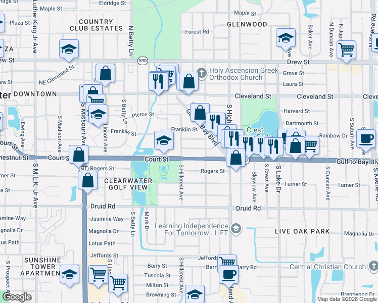 map of restaurants, bars, coffee shops, grocery stores, and more near 1409 San Juan Court in Clearwater