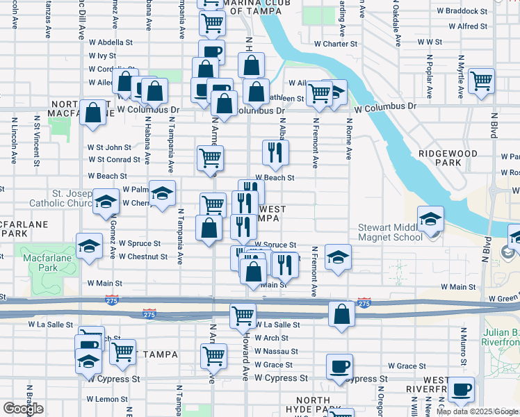 map of restaurants, bars, coffee shops, grocery stores, and more near 2132 West Cherry Street in Tampa