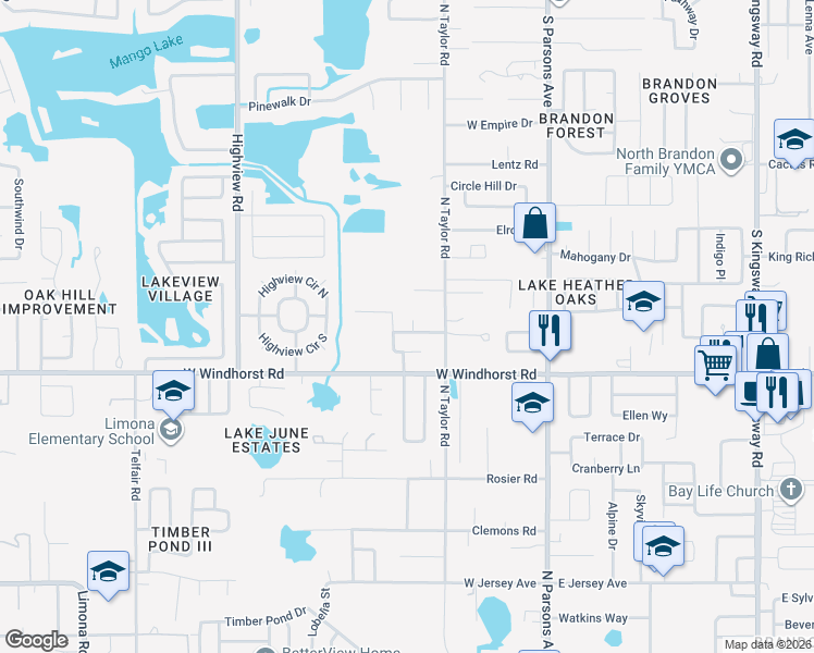 map of restaurants, bars, coffee shops, grocery stores, and more near 1401 Shadow Creek Place in Brandon