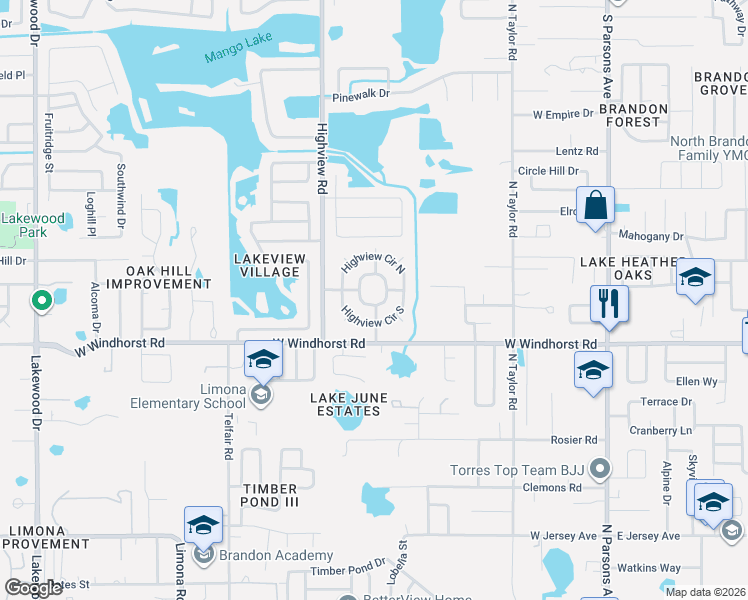 map of restaurants, bars, coffee shops, grocery stores, and more near 602 Highview Terrace South in Brandon