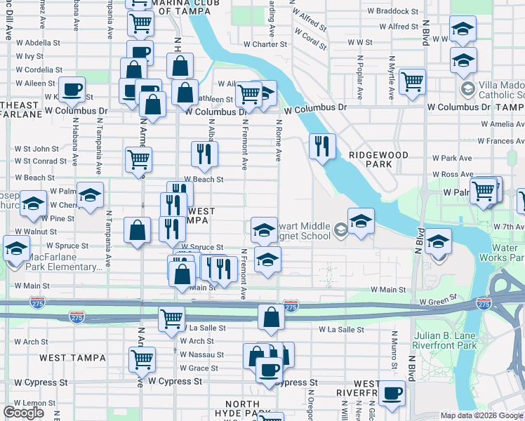 map of restaurants, bars, coffee shops, grocery stores, and more near 1714 West Cherry Street in Tampa