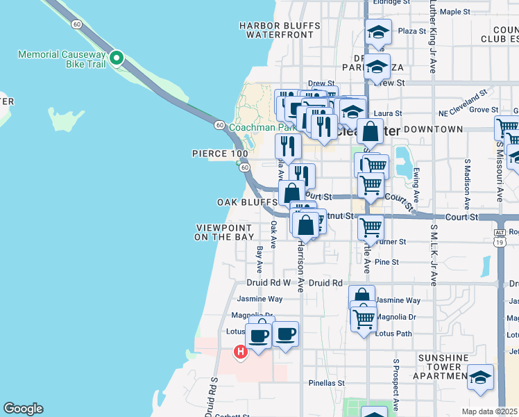 map of restaurants, bars, coffee shops, grocery stores, and more near 432 Bay Avenue in Clearwater